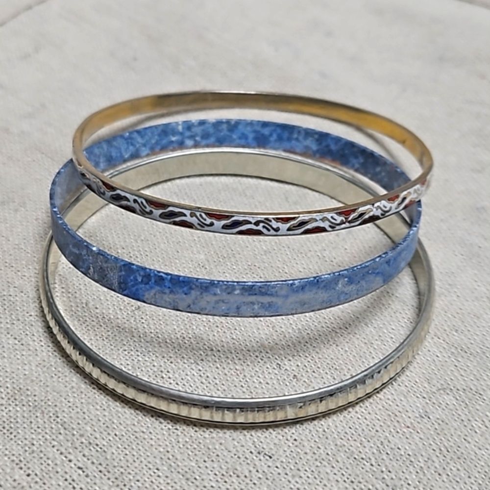 Vintage Mixed Metal Stacking Bangle Set Cloisonne… - image 2